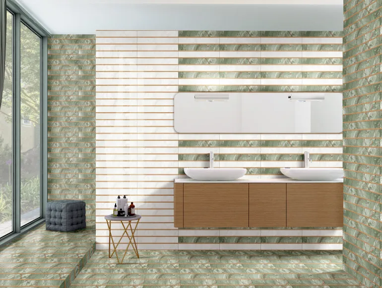 Marble bathroom design featuring SHG Green Marble Wood Strip tiles, sink and window